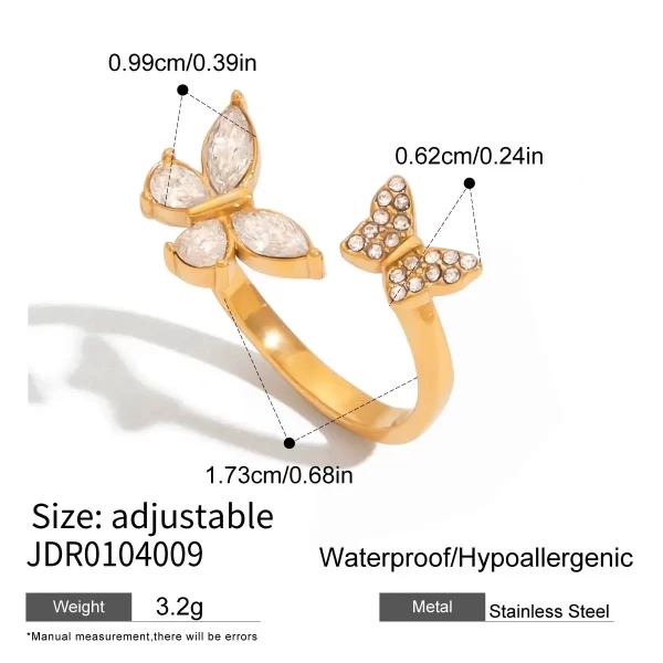 Sweet Romantic 18K Gold Stainless Steel Adjustable Butterfly Open Ring with White Zirconia & Diamonds for Women