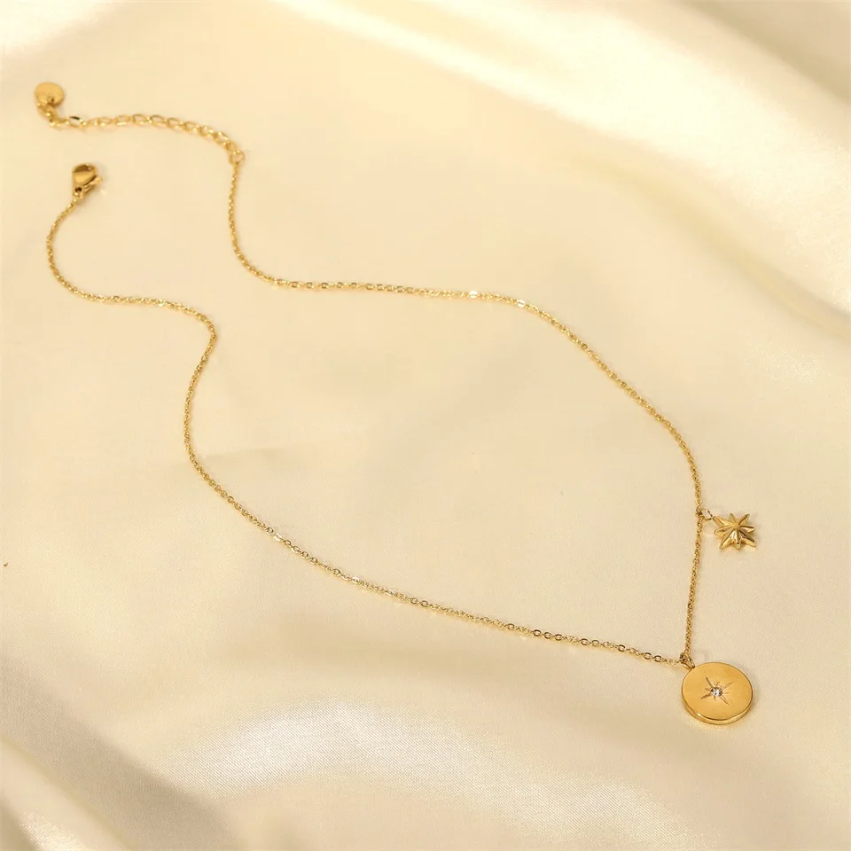 New Fashion Stainless Steel pendant necklace Inlaid Zircon Round Gold Coin Simple Jewelry Gift For Men Women