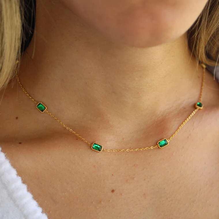 Dainty May Birthstone Charm Choker Bracelet Stainless Steel Green Stone Emerald Necklace Bracelet