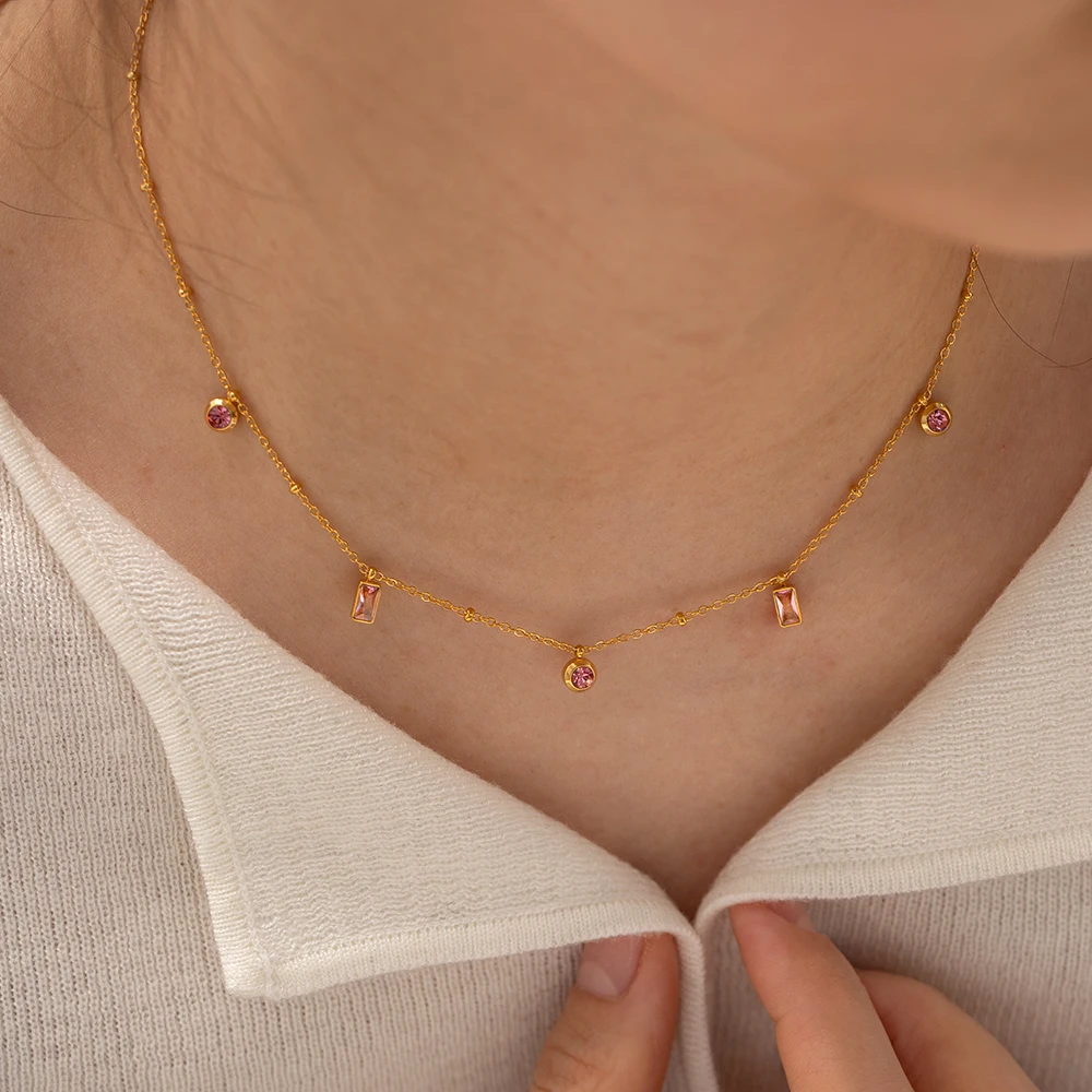 Youthway Orange Pink Round Small Pendant Necklace Bracelet Set 18K Gold Plate Waterproof Fashion Jewelry Set