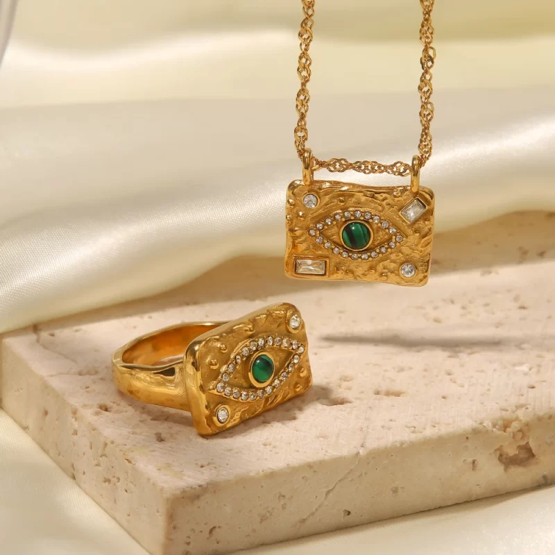 Youthway Luxury Cubic Zirconia Green Malachite Lava Square Devil's Eye Square Plaque Ring Necklace Set Charm Jewelry Set - Image 4