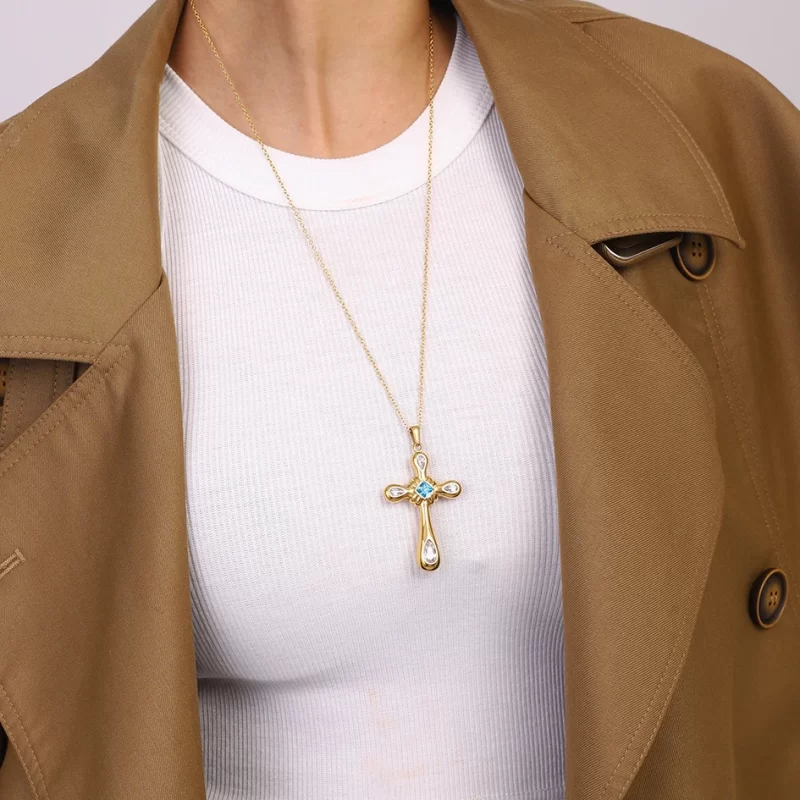 Youthway 18K Gold Plated Stainless Steel Statement Unique Geometric Zircon Cross Pendant Necklace Anti Allergic Jewelry New 2025 - Image 3