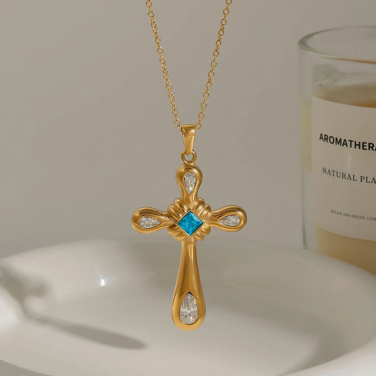 Youthway 18K Gold Plated Stainless Steel Statement Unique Geometric Zircon Cross Pendant Necklace Anti Allergic Jewelry New 2025
