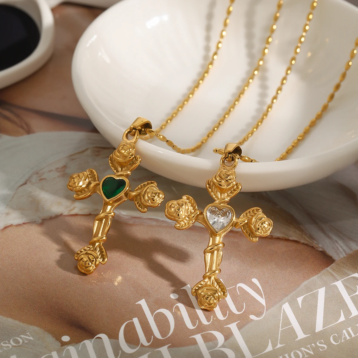 Youthway Unique Design Gold Plated Stainless Steel Rose Cross Heart-shape Rhinestone Pendant Necklace Anti Allergic Jewelry 2025