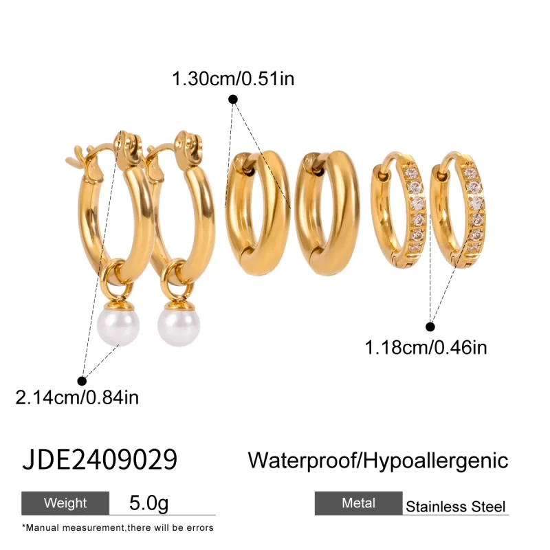 18k Gold Plate Stainless Steel Pearl and White Zircon Hoop Earrings Three Pairs Elegant Set - Image 6