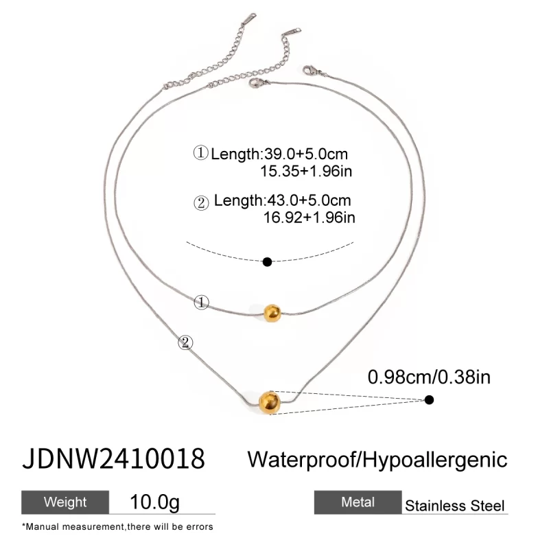 J&D 18k Gold Stainless Steel Dual-Tone Bead Pendant Snake Chain Necklace Adjustable Length - Image 4