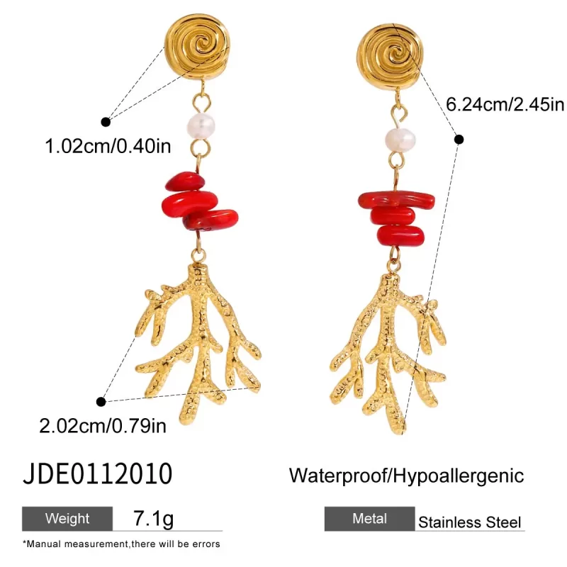 Ocear Style 18K Gold Stainless Steel Red Coral Red Agate Hammered Freshwater Pearl Long Earrings - Image 4