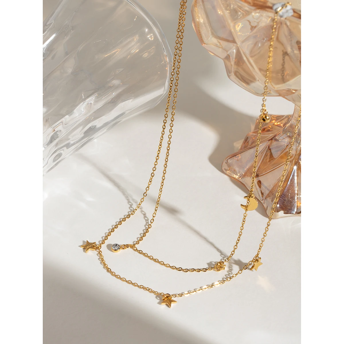 Youthway Versatile Elegant 18K Gold PVD Plated Stainless Steel White Zircon Moon Star Double Later Chain Necklace Women Jewelry