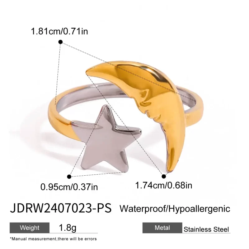 J&D 18k Gold Plate Stainless Steel Trendy Minimalist Moon Star Ring Resizable Jewelry Adjustable Ring - Image 5