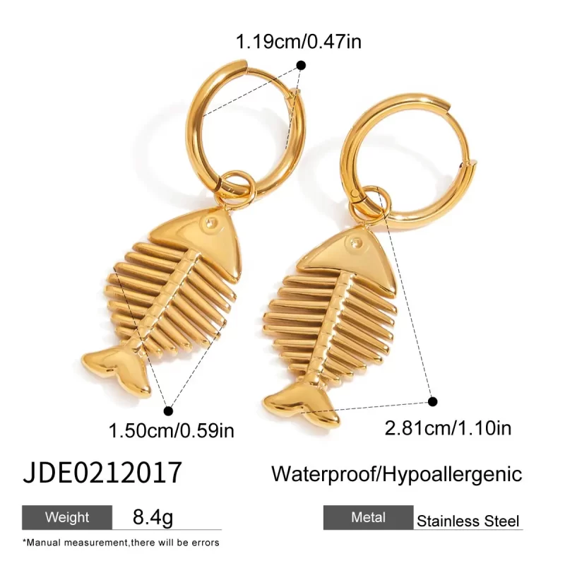 18K Gold Plated Stainless Steel Ocean Beach Summer Jewelry Sea Fish Bone Pendant Earrings - Image 6