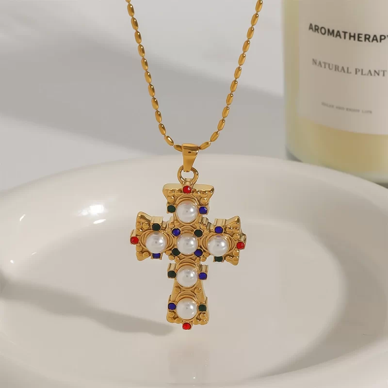 Youthway New Design Gold Plated Stainless Steel Imitation Pearl Colorful Zircon Cross Pendant Necklace Waterproof Unisex Jewelry - Image 4