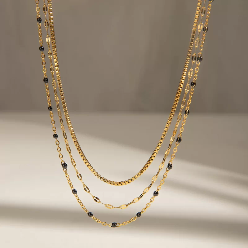 Youthway Black Beads Three Layers Chain Necklace For Women Statement Golden Stainless Steel Metalic Waterproof Necklace Jewelry - Image 4