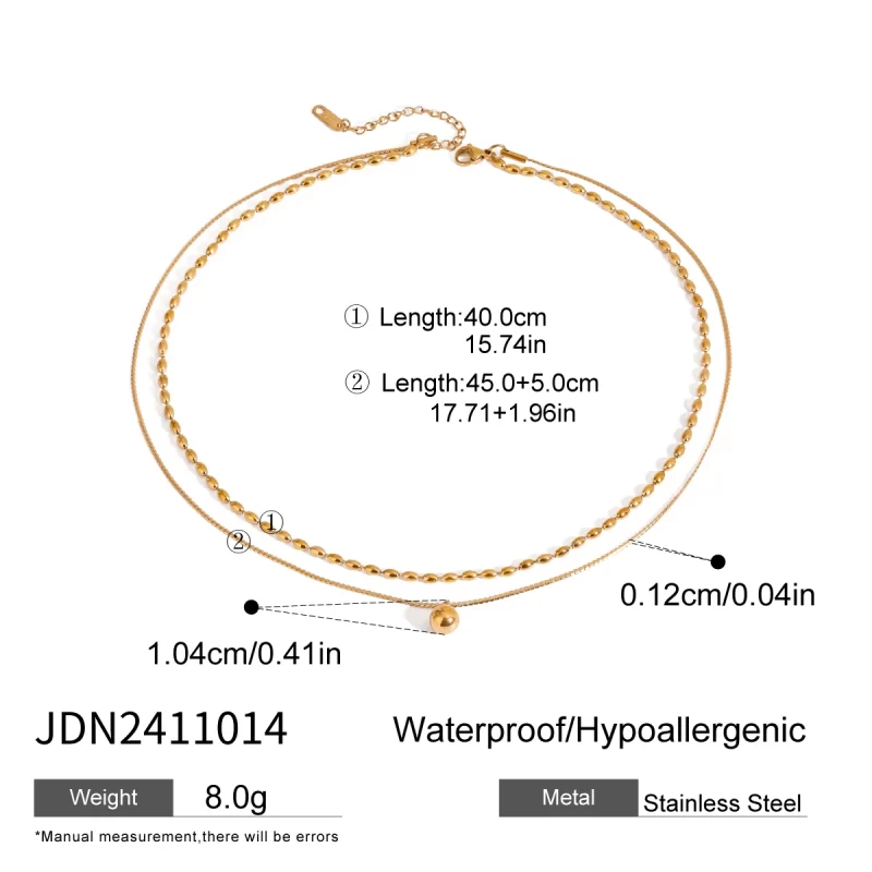 18k gold stainless steel/smooth small steel ball pendant rice ball chain double-layer necklace 40/45+5cm - Image 6