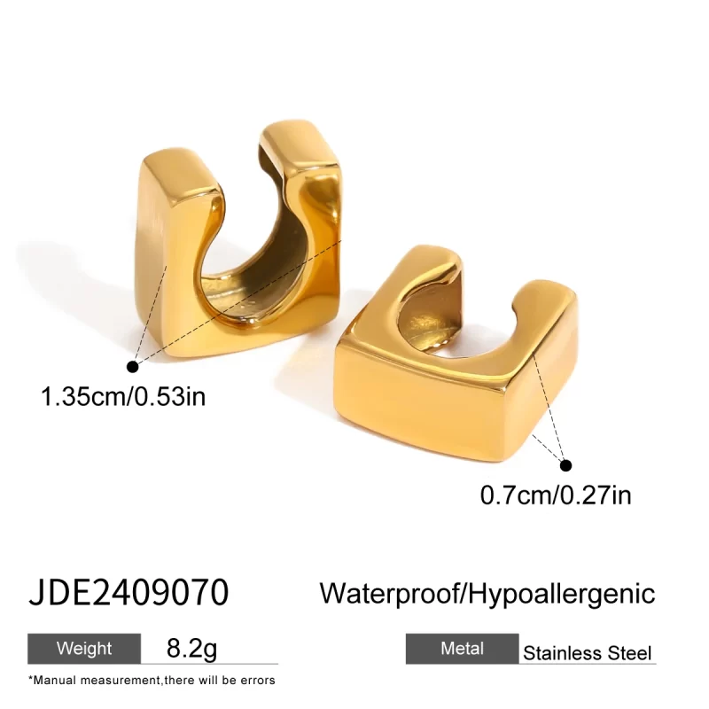 18k Gold Stainless Steel Jewelry Smooth Square Ear Clips Modern Design One Pair - Image 5