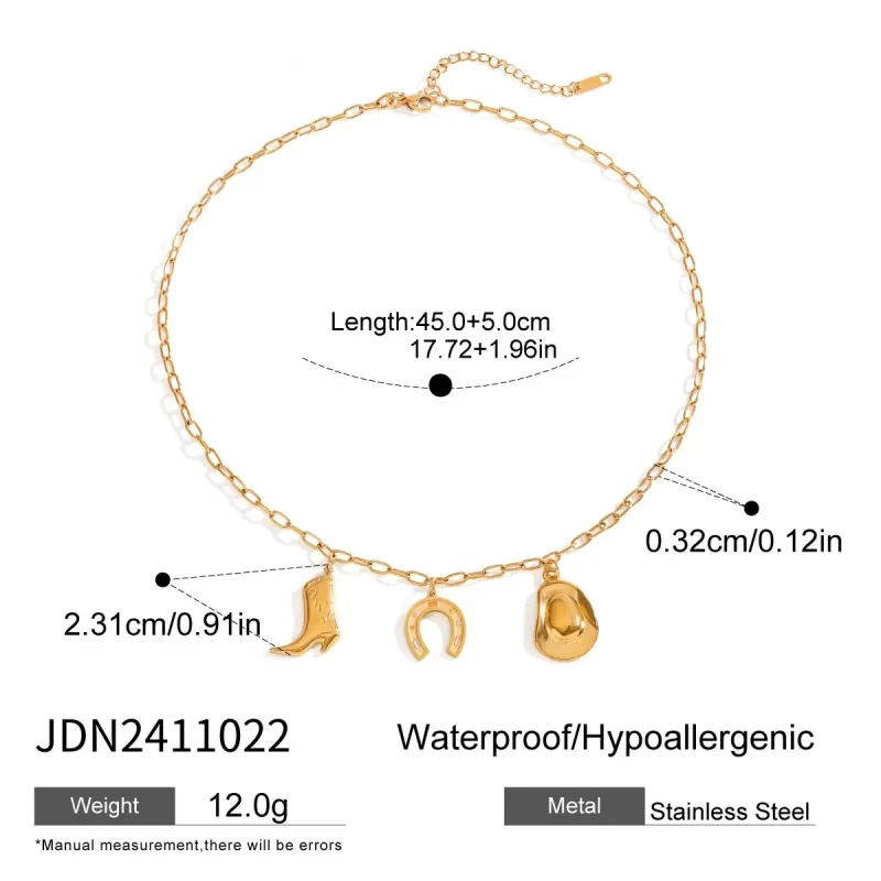 J&D Horseshoe Hat and Boots Pendant Necklace for Women 18k Gold Plated Stainless Steel Western Style Chain 45+5cm - Image 6