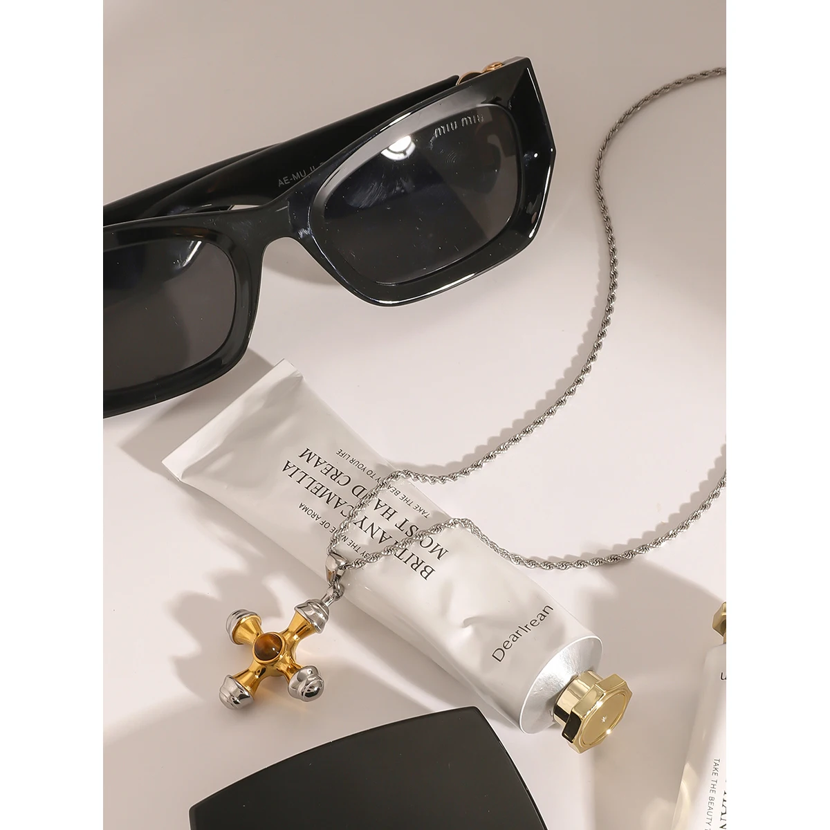 Youthway Vintage Styles 18K Gold PVD Plated Natural Stone Gold&Silver Boat Rudder Cross Pendant Necklace Jewelry Unisex Gift