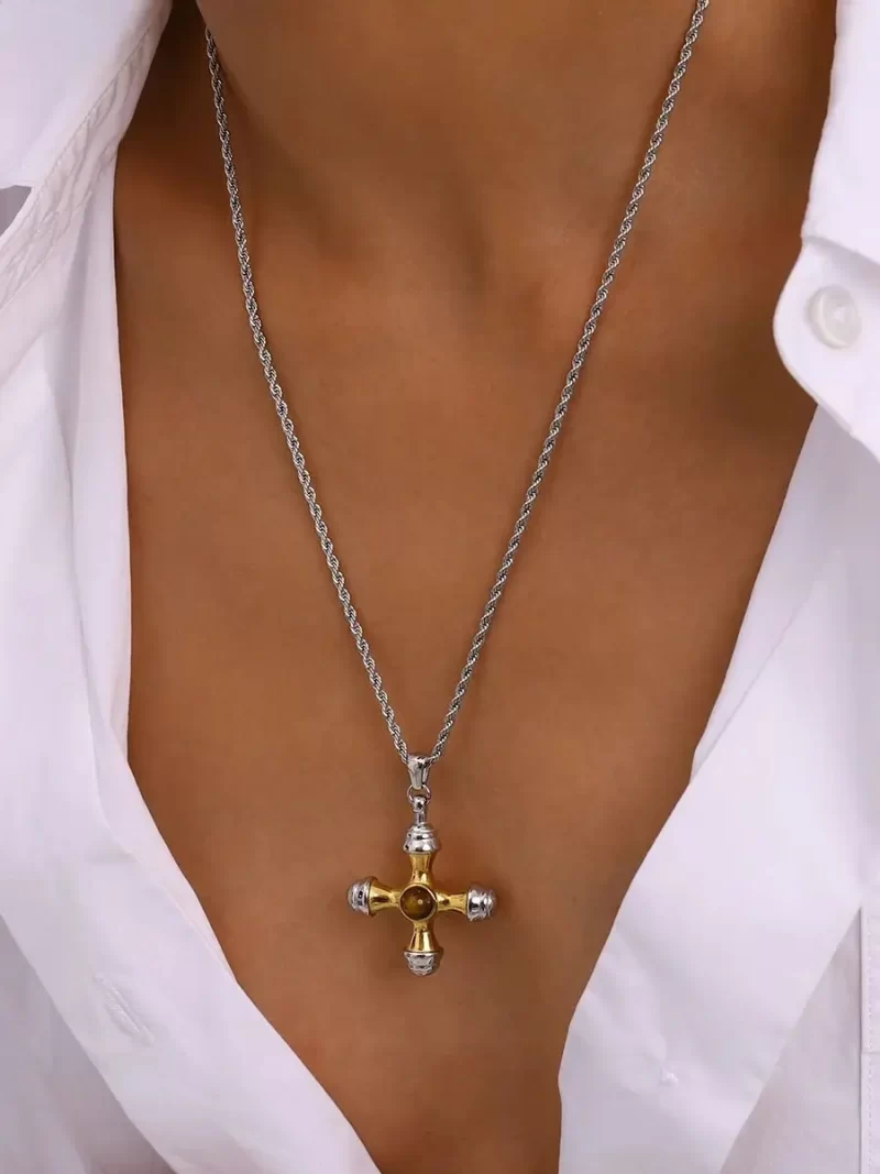 Youthway Vintage Styles 18K Gold PVD Plated Natural Stone Gold&Silver Boat Rudder Cross Pendant Necklace Jewelry Unisex Gift - Image 2