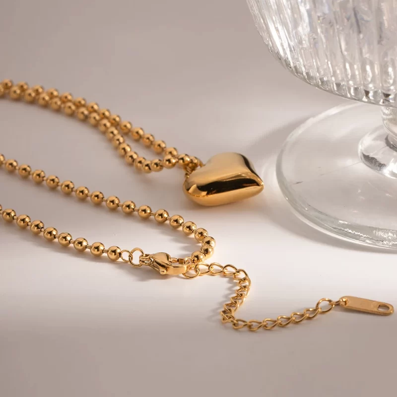 Youthway Waterproof Chubby Heart Bulky Pendant Small Bead Stainless Steel Necklace 18K Gold Plated Trendy Jewelry for Women - Image 3
