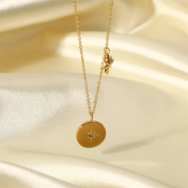 New Fashion Stainless Steel pendant necklace Inlaid Zircon Round Gold Coin Simple Jewelry Gift For Men Women - Image 2