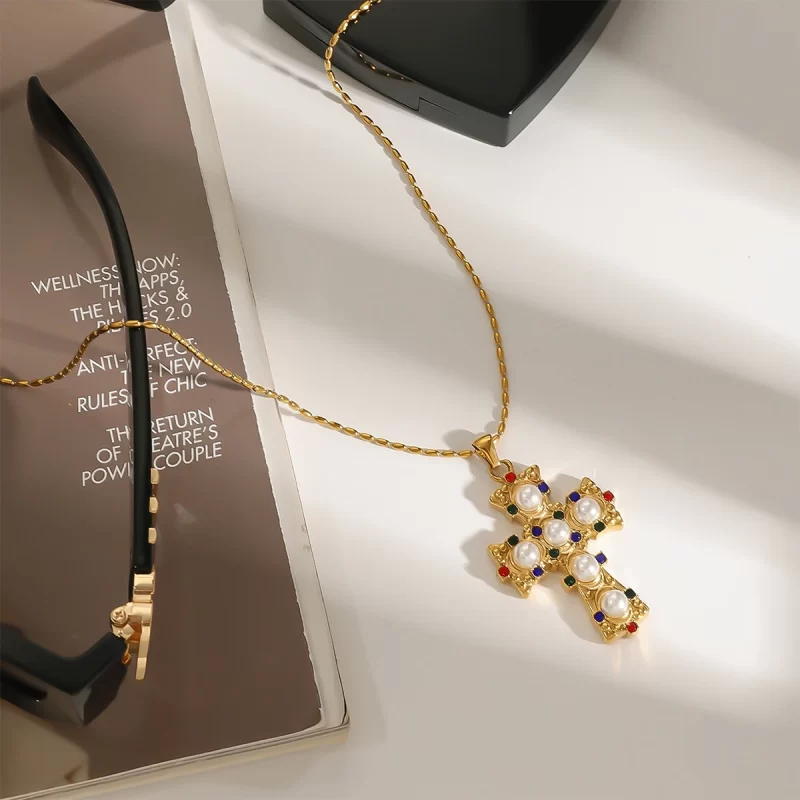 Youthway New Design Gold Plated Stainless Steel Imitation Pearl Colorful Zircon Cross Pendant Necklace Waterproof Unisex Jewelry - Image 2