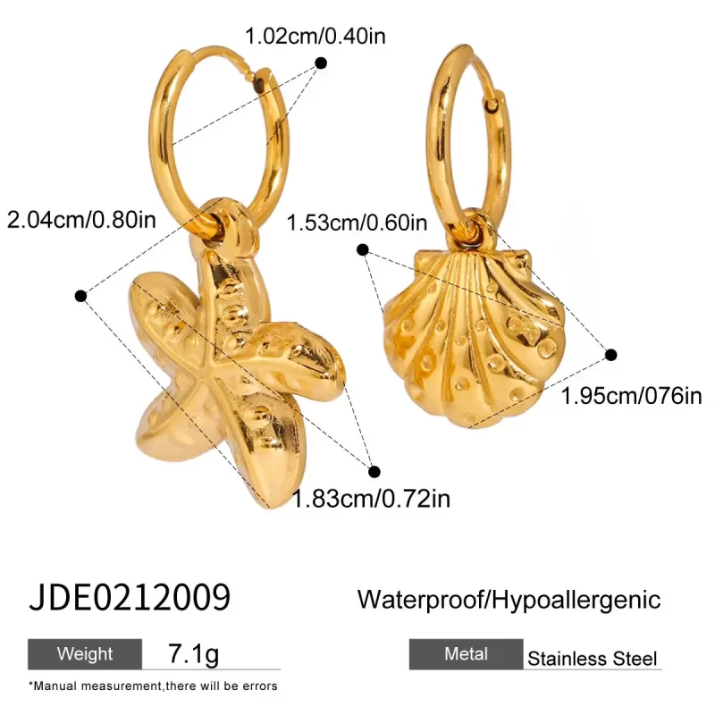 Ocean Shell Starfish Hammered Charm Holiday Beach 18K Real Gold Plated Stainless Steel Drop Earrings - Image 6