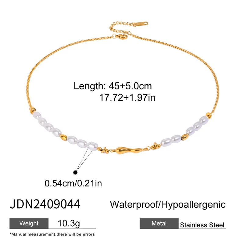 18K Gold Stainless Steel Glass Pearl Oval Pearl Smooth 45+5cm Wave Straight Women Necklace - Image 6