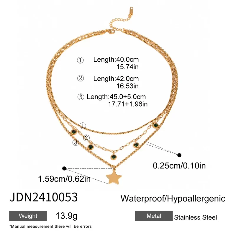 Youthway Vintage Green Rhinestone Star Pendant Three Layers Necklace For Women Statement Waterproof Jewelry Gold Plated Gift - Image 3