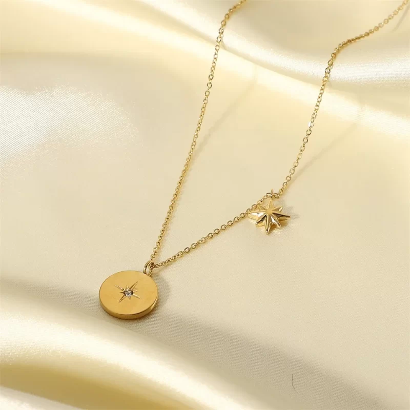 New Fashion Stainless Steel pendant necklace Inlaid Zircon Round Gold Coin Simple Jewelry Gift For Men Women - Image 4