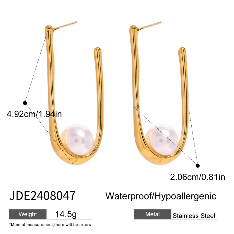 18k Gold Stainless Steel Jewelry Imitation Shell Pearl U-Shaped Earrings - Image 6