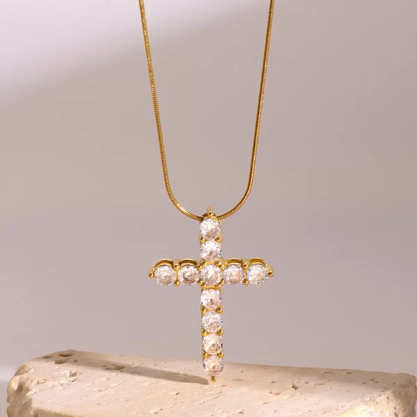Youthway White Zirconia Diamonds Cross Pendant Necklace for Women Stainless Steel 18K Gold Color Fashion Jewelry New 2024
