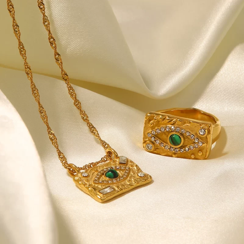 Youthway Luxury Cubic Zirconia Green Malachite Lava Square Devil's Eye Square Plaque Ring Necklace Set Charm Jewelry Set - Image 3