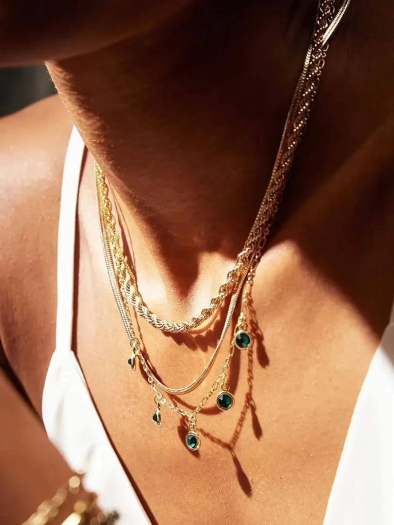 Youthway New Arrival Vintage Elegant Multi-layer Chain Green Rhinestone Necklace Waterproof Anti Allergic Jewelry Women Party - Image 2