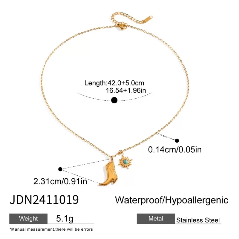 18k gold stainless steel + turquoise/turquoise star inlaid + patterned boot pendant necklace 42+5cm - Image 6