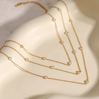 Youthway Stylish Multi Layered Imitation Diamond Designed Necklace Stainless Steel Metal Collar Trendy Thin Chain Jewelry