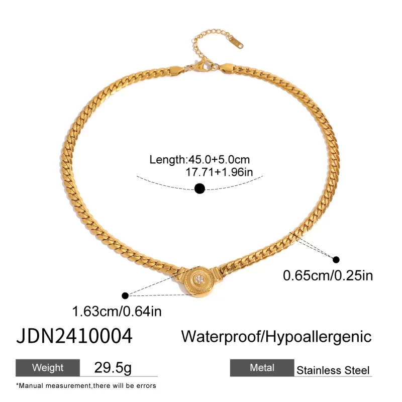 J&D 18k Gold Stainless Steel White Zircon Ribbed Round Pendant 45cm Cuban Chain Necklace Watch Chain - Image 6