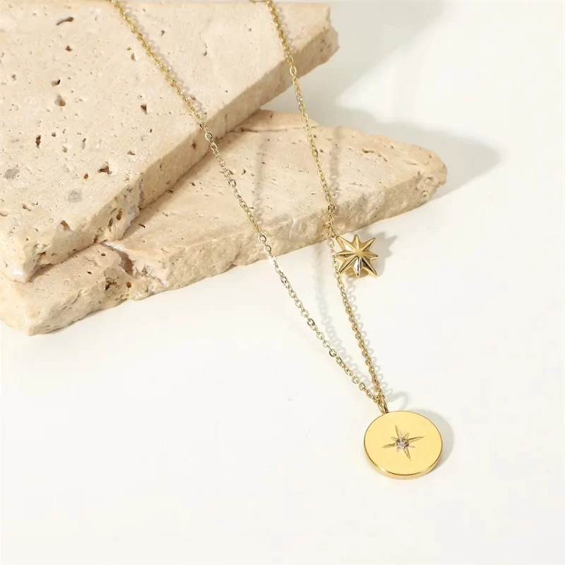 New Fashion Stainless Steel pendant necklace Inlaid Zircon Round Gold Coin Simple Jewelry Gift For Men Women - Image 5