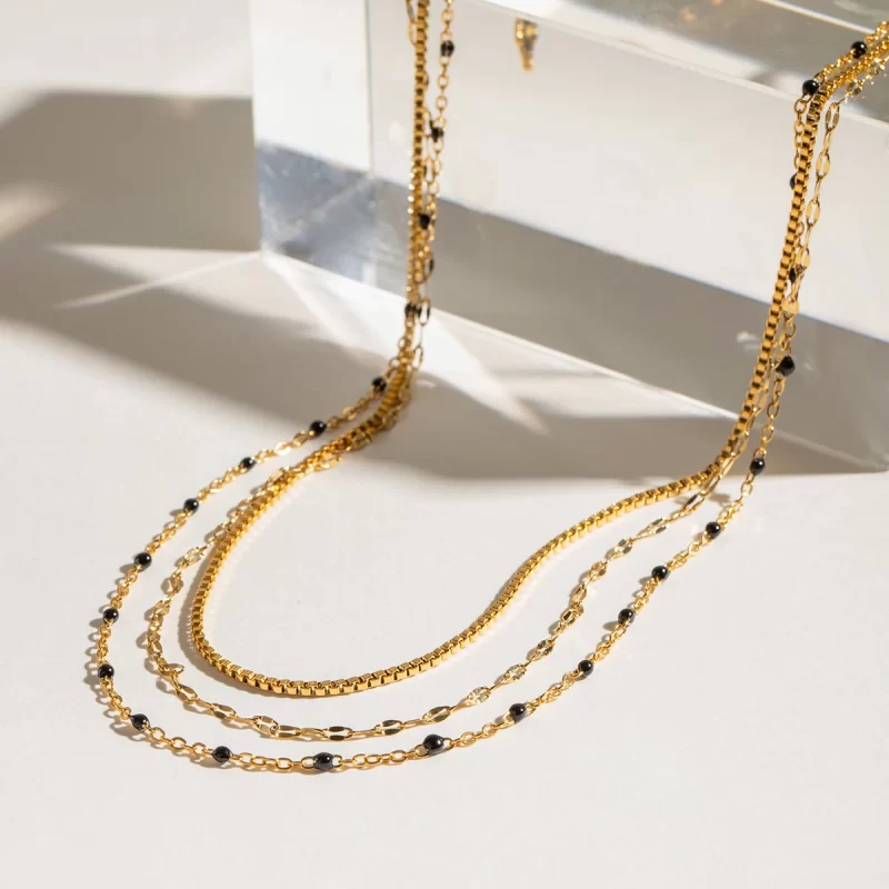 Youthway Black Beads Three Layers Chain Necklace For Women Statement Golden Stainless Steel Metalic Waterproof Necklace Jewelry - Image 5