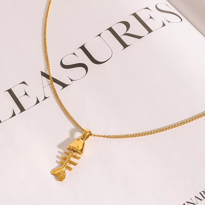 Youthway Versatile Minimally Designed 18K Gold PVD Plated Fish bone Pendant Necklace For Unisex Stainless Steel Jewelry Gift - Image 3