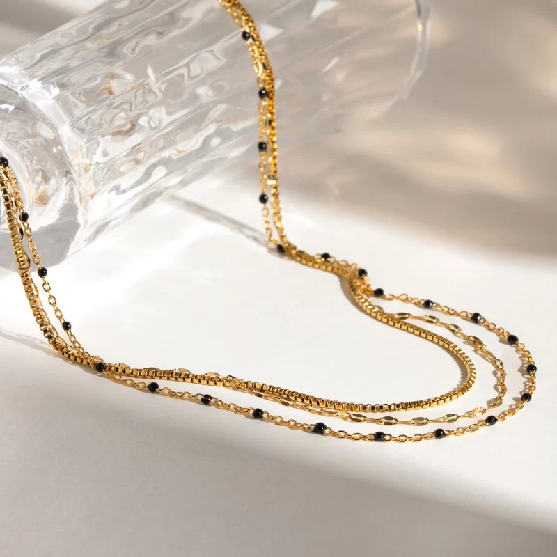 Youthway Black Beads Three Layers Chain Necklace For Women Statement Golden Stainless Steel Metalic Waterproof Necklace Jewelry - Image 3