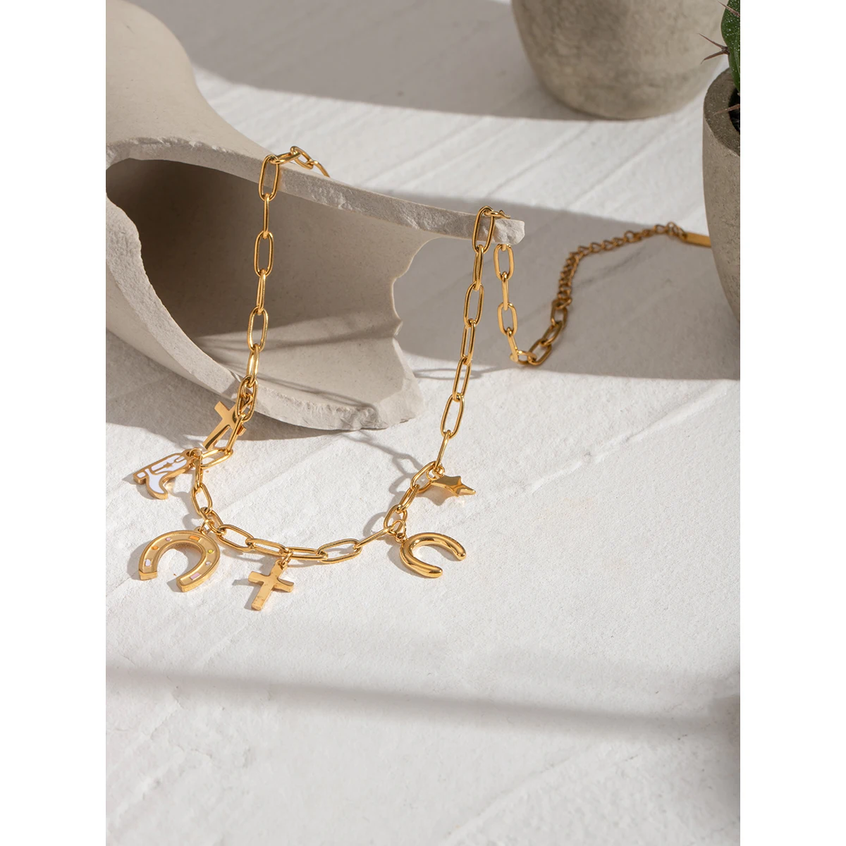 Youthway Chic Versatile Gold Plated Stainless Steel Cross Boot Star Horseshoe Charms Pendant Necklace Women Jewelry Summer Wear
