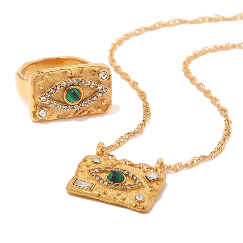 Youthway Luxury Cubic Zirconia Green Malachite Lava Square Devil's Eye Square Plaque Ring Necklace Set Charm Jewelry Set - Image 5