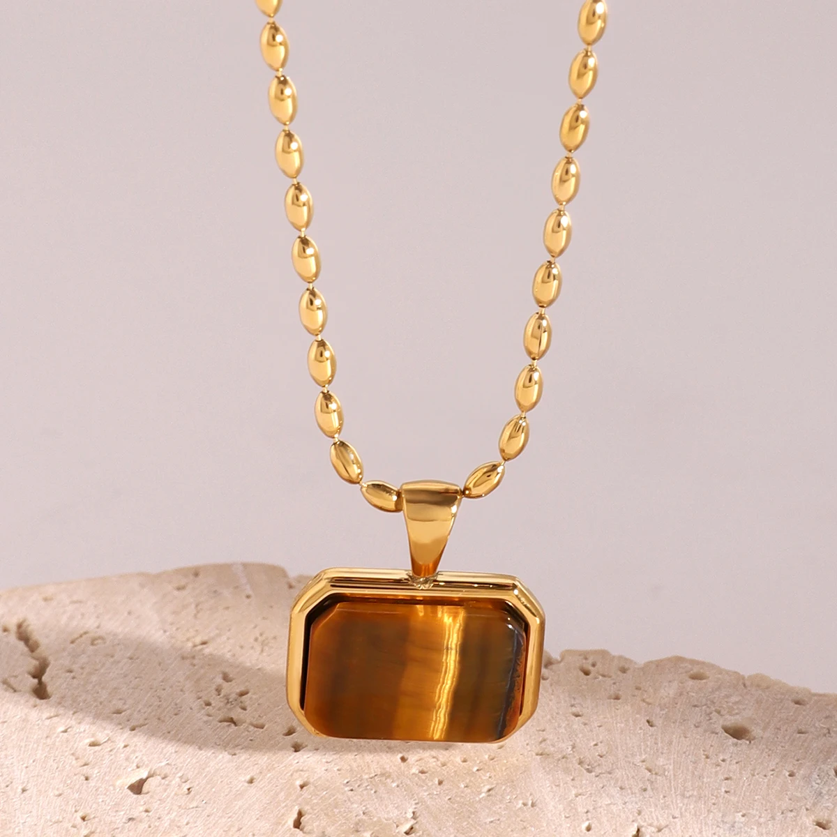 J&D 18k Gold Stainless Steel Amazonite Tiger Eye Malaysian Jade Necklace Natural Stone Beauty 41cm