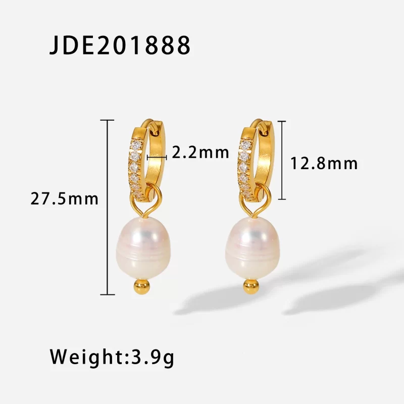 18k Gold Pvd Plated Stainless Steel Jewelry Cubic Zirconia Hoop Freshwater Pearl Pendant Earrings - Image 6