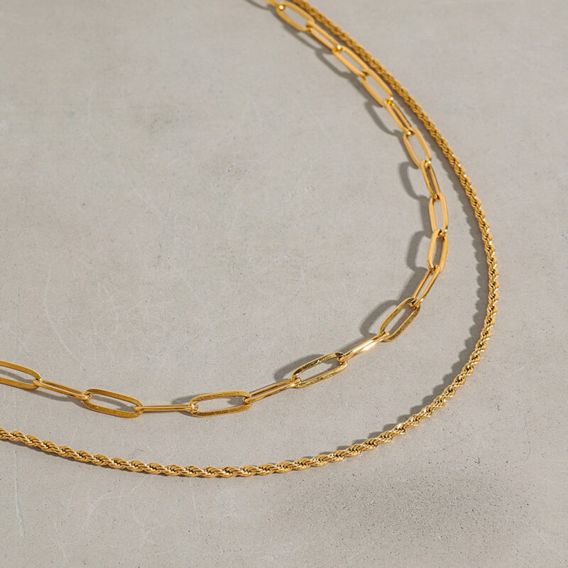 18K Gold Stainless Steel Paperclip & Rope Chain Double Layer Necklace - Image 2
