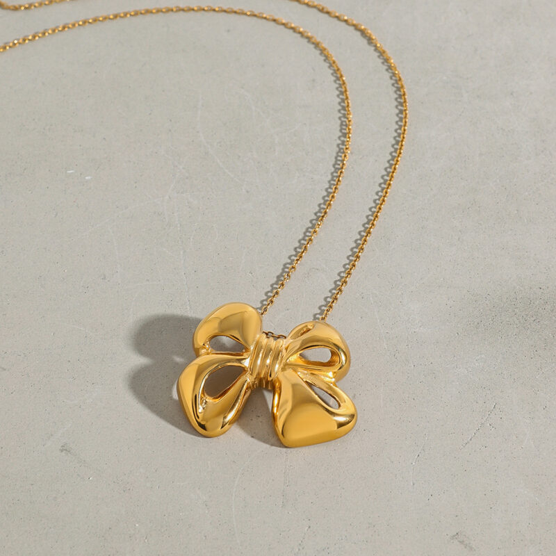 18K Gold Stainless Steel Bow Pendant Necklace - Image 3