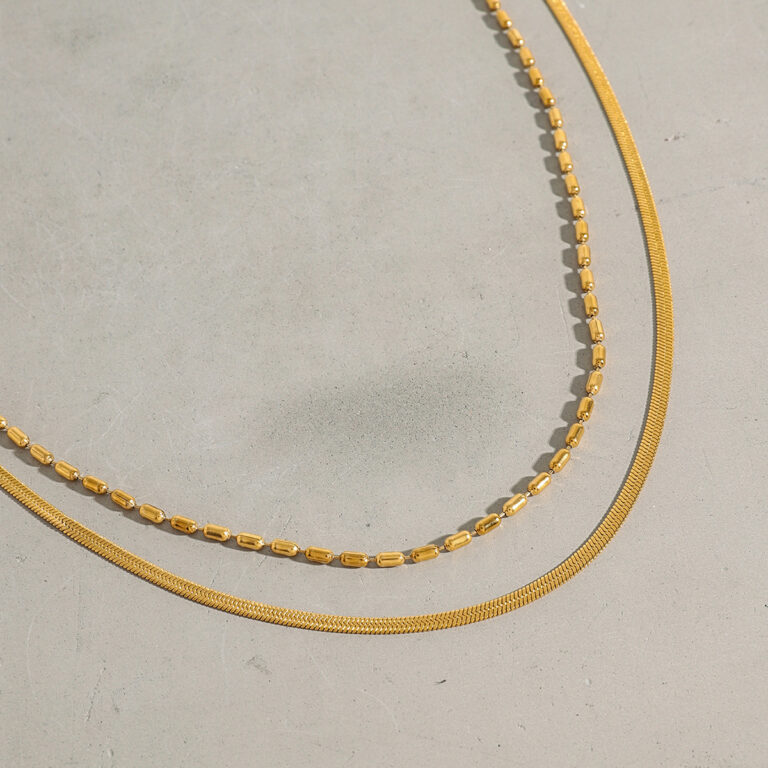 18K Gold Stainless Steel Double Layer Rice Bead & Blade Chain Necklace - Image 3