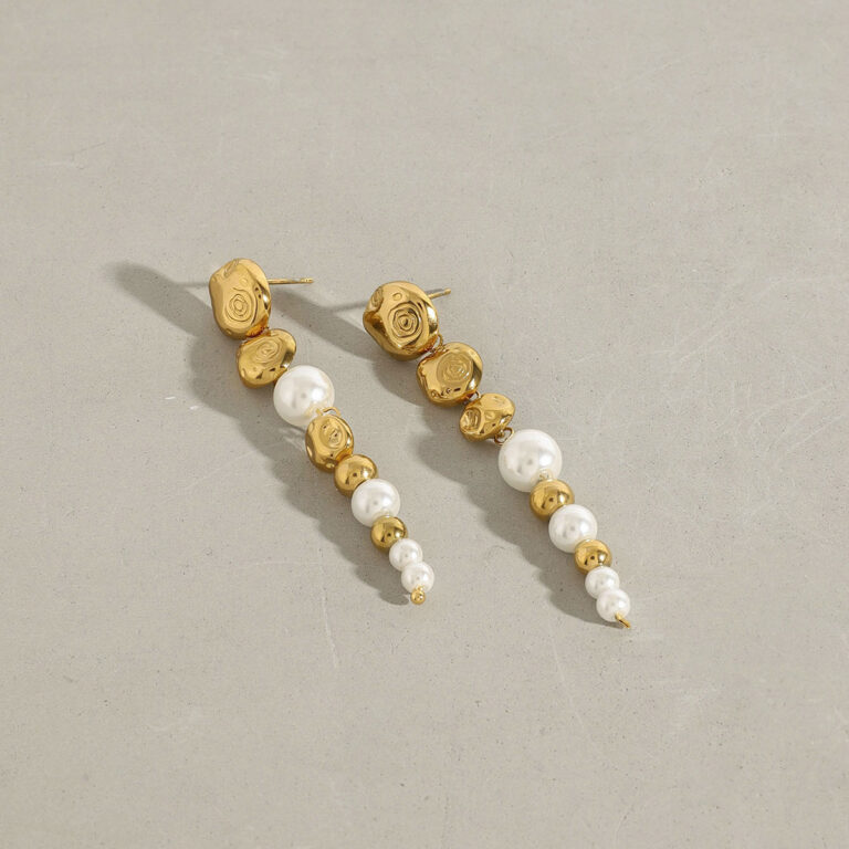 18K Gold Stainless Steel Glass Pearl Beaded Fringe Earrings - Image 2