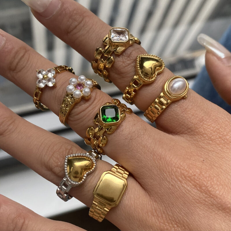 J&D Modern Luxury 18K Gold Stainless Steel Lucky Leaf Clover Zircon Watch Rings for Women - Image 3