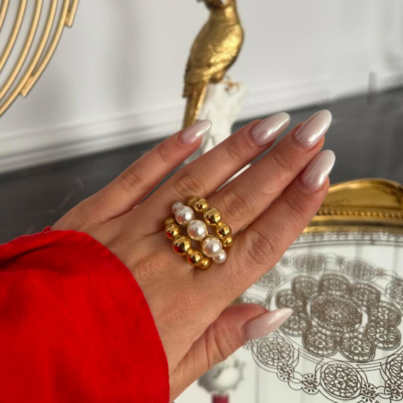 J&D 18K Gold Stainless Steel Modern Elegant Statement Fashion Jewelry Pearl Ball Layered Ring - Image 2