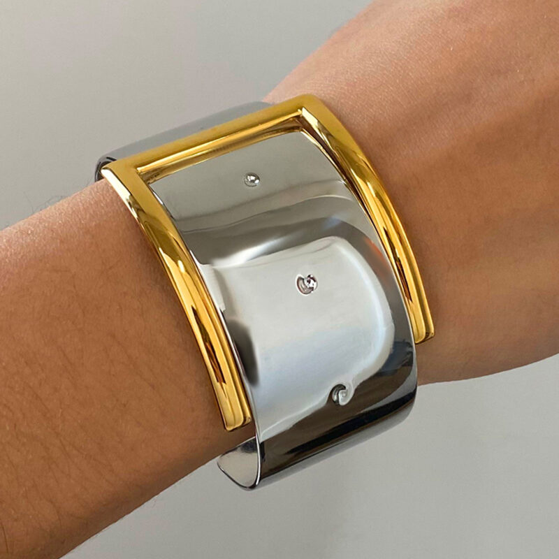 J&D Modern Minimalist 18K Gold Stainless Steel Gold Silver Two-Tone Belt Buckle Open Cuff Bracelet for Women - Image 4